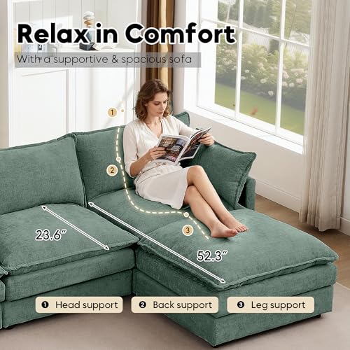 Image of 102 inch L Shaped Modular Sectional Sofa, Comfy Upholstery Chenille Cloud Couch with Ottoman, Modern 4-Seat Deep Seat Sofa with Pillow for Living Room, Bedroom, Apartment, Sage Green