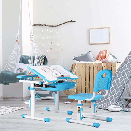 Aoou Kids Desk And Chair Set, Height Adjustable School Desk W/Tilt Desktop, Large Pull Out Drawer Storage, Multifunction Write Study Table, Ergonomic Workstation For Boys, Girls Home Schooling (Blue) #TOP5