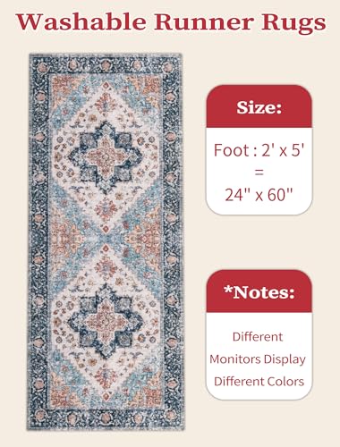 SERISSA Boho Washable Runner Rug, 2x5 Rug Non-Slip Vintage Blue Orange Hallway Kitchen Runner Rug Ultra Soft Print Distressed Tribal Floor Carpet for Bedroom Bathroom Laundry Room