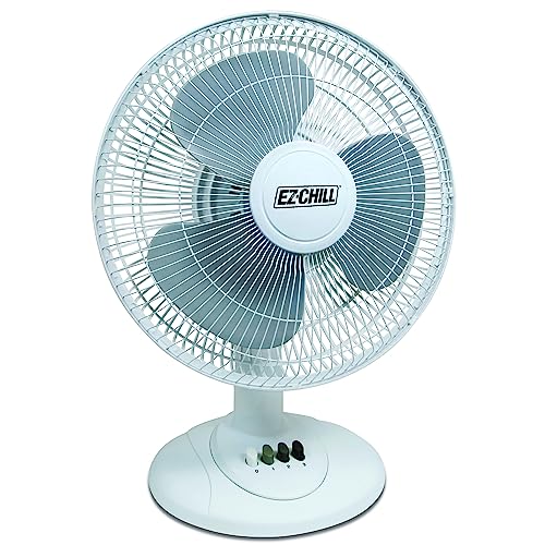 EZ-Chill 12” 3-Speed Oscillating Table Fan with Adjustable Tilt, Convenient Push Button Controls, Quiet Operation, White, SB-MTSH05 by EZ-CHILL - Used condition - US$21.90