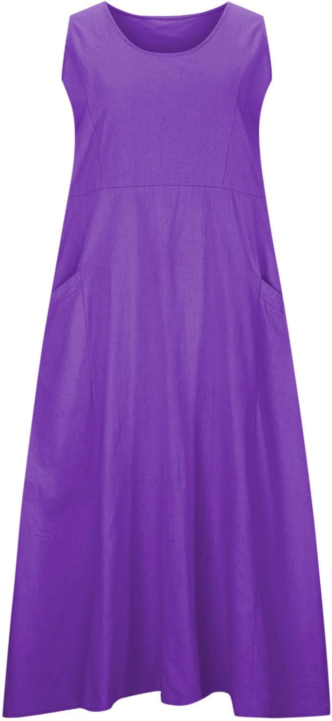 FZYLQY Women's Summer Cotton Linen Long Dress Sleeveless Elegant Flowy Sundresses for Women Loose Comfy Dress with Pockets