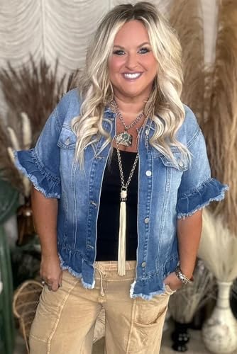 Women's Plus Size Peacock Blue Ruffled Frayed Short Sleeve Denim Jacket4