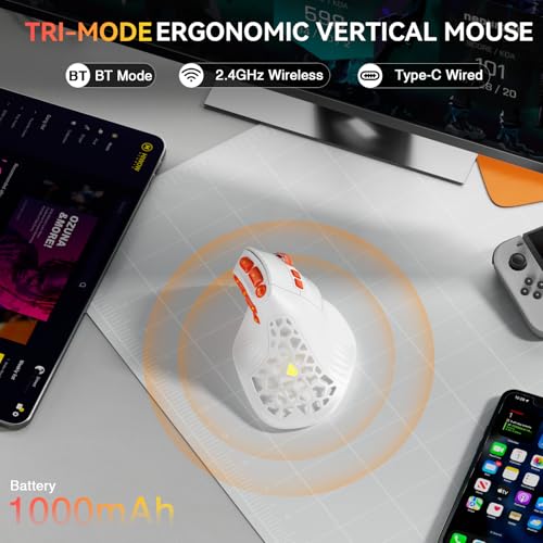 Image of SOLAKAKA E9 PRO Vertical MMO Gaming Mouse - Ergonomic Wireless Mouse with 10 Side Buttons,PAW3395 36000 DPI Sensor,45Grip,Tri-Mode 2.4G /BT /Wired, RGB,1000mAh Rechargeable Mouse for PC /Mac - White