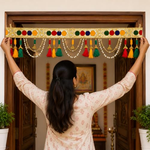 Image of ONESTA Premium Handmade Decorative Door Toran with Pearl & Pom Pom Hanging | Multicolor Traditional Bandarwal for Main Door, Mandir, Diwali & Home Decoration 3 Feei (Size 36 Inch Pack 01)