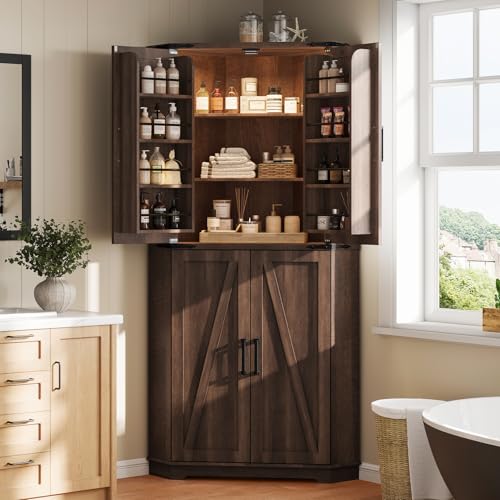 Image of Dripex 71 inch Corner Cabinet Brown, Farmhouse Kitchen Pantry Cabinet with Doors Storage & Adjustable Shelves, Tall Corner Storage Cabinet with LED Light, Food Pantry for Living Room, Dining Room