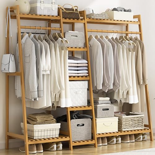 Bamboo Garment Rack, 160cm Free Standing Clothes Coat Hanging Rack Hall Tree Storage Shelves Closet Organizer Shoe Rack Wardrobe Storage for Entryway Living Bedroom Office