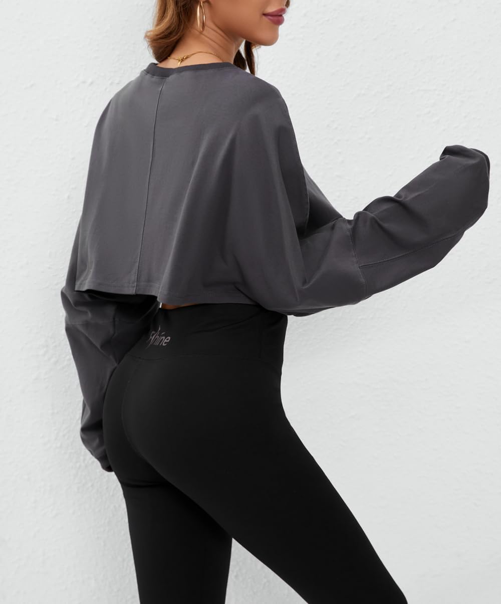 Meladyan Women Long Sleeve Crewneck Crop Top Tee Shirt Sweatshirt Casual Solid Loose Fit Workout Cropped Pullover Tshirt - Image 2