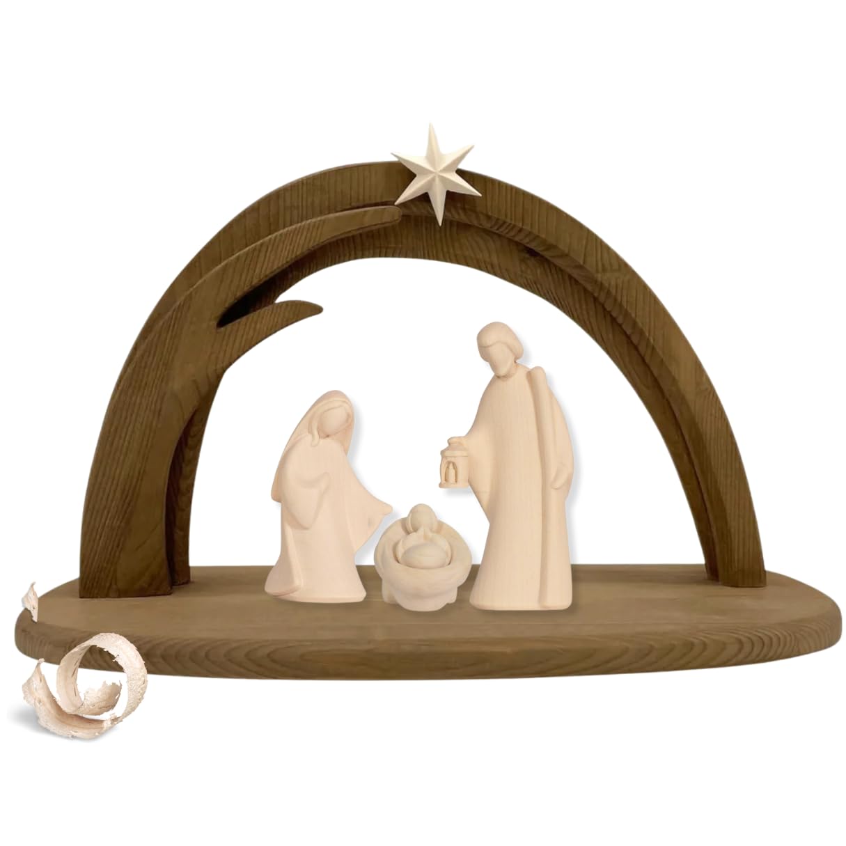 Akantus Krippe aus Holz: HL. Familie Natur mit Krippenbogen (13 cm)