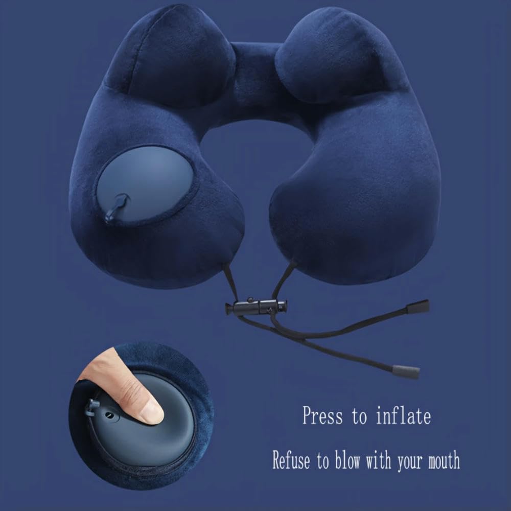 Almohada inflable portátil en forma de U, hipoalergénica, suave, cojín de viaje con botón de presión, fácil de inflar