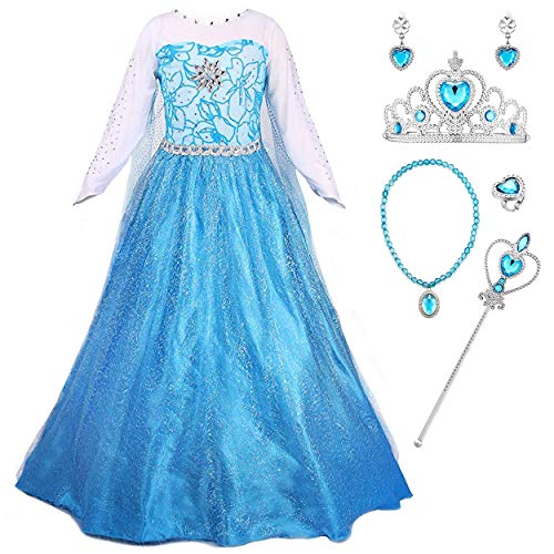 YOSICIL Mädchen ELSA Kleid Kostüm Prinzessin Kostüm Eiskönigin Kleid Mädchen Cosplay Party Kleid Weihnachten Verkleidung Set Fasching Karneval Halloween Fest Partei Blau Kleid Cover
