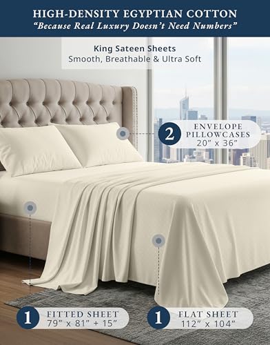 Image of LANE LINEN King Bed Sheet Set 100% Egyptian Cotton Sateen - Ivory | King Size Cotton Sheets - 4-Piece Set, For A Luxurious Night's Sleep, For Guests And Everyday Use, Luxe Sheen,