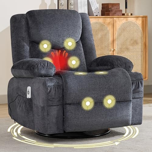 Image of Swivel Recliner Chair for Adults,Oversized Rocker Recliner with Massage and Lumbar Heat,Rocking Chair with Side Pocket,2 Cup Holders,for Living Room