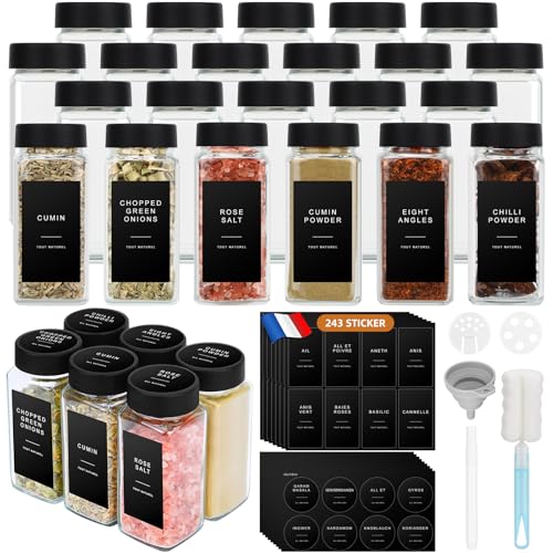 Mozvvco Bocaux à Épices, 24 Pièces Pot à Épices en Verre avec Étiquettes d'épices Françaises, 120ml Boite à Épices Cuisine Rangement - Bocal Epices...