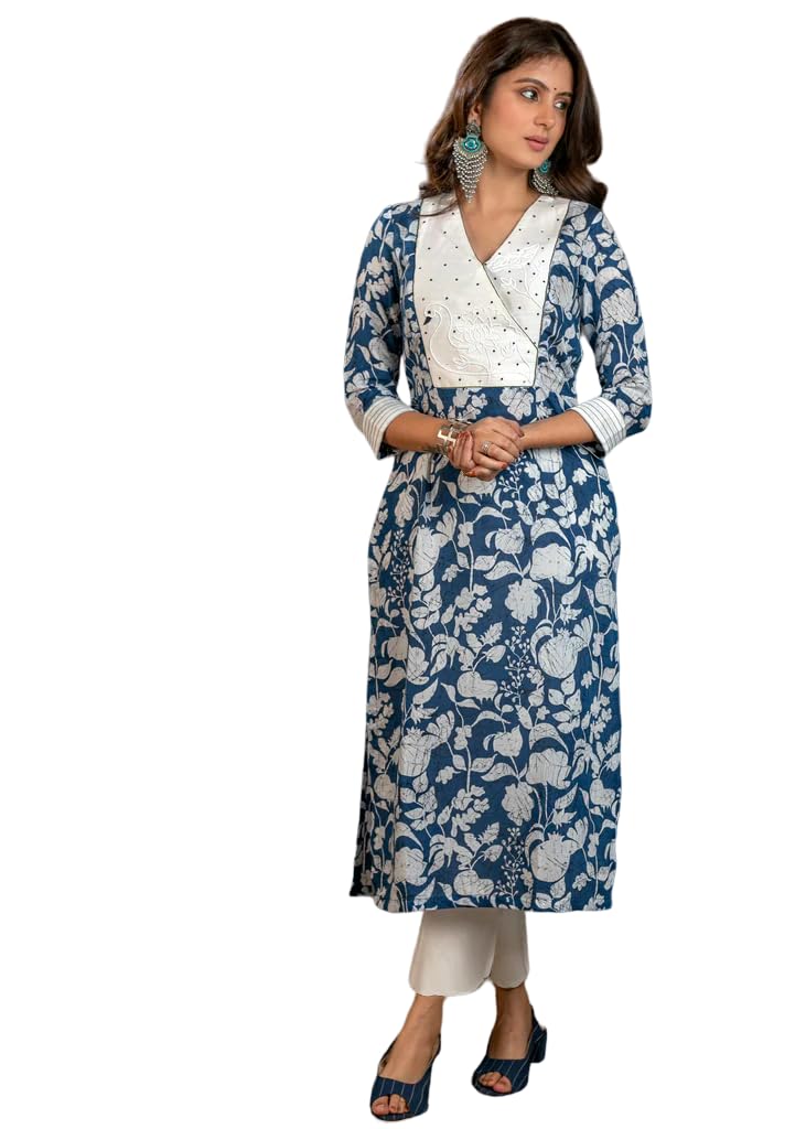 EVANTAWomen's Cotton Blend Embroidery Kurta with Pent Set (Ami_Blue)