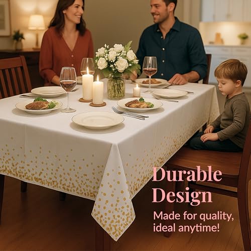 Image of Prestee White and Gold Tablecloths, 4pk, 54x108 Inches - Party Table Cloths Disposable - Gold Dot Disposable Tablecloths - Plastic Table Cloth - Engagement Party Decorations, Baptism Decorations