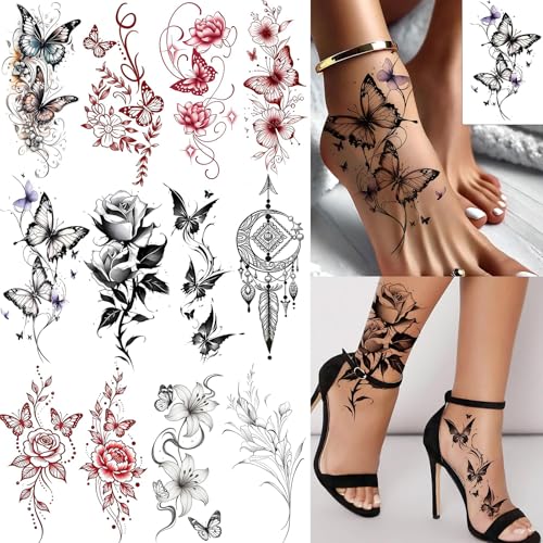 12Pcs Wunderschöne Temporäre Schmetterlings, Und Blumentattoos Pour Pieds, Mains Corps, Tatouages Réalistes de Roses et de Pivoines Autocollants Pour Jambes...