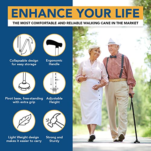 Elesik Walking Cane For Women & Men - Adjustable Folding Cane With T Handle And Pivot Base Design, Foldable Walking Stick For Seniors With Nylon Strap, Collapsible Cane For Safe Walking (Black) #TOP3