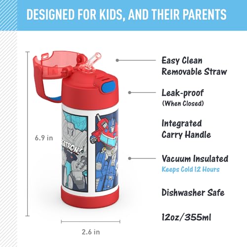 Image of THERMOS FUNTAINER Water Bottle with Straw - 12 Ounce - Kids Stainless Steel Vacuum Insulated Water Bottle with Lid, Transformers