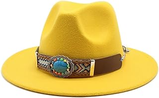 RZL Domo Sombreros, Nuevo Sombrero de ala Plana de Estilo Nacional, Sombrero de ala Grande, Sombrero de Jazz de Lado Recto, Sombrero de Lana de otoño e Invierno (Color : Amarillo, Talla : Medium(56-