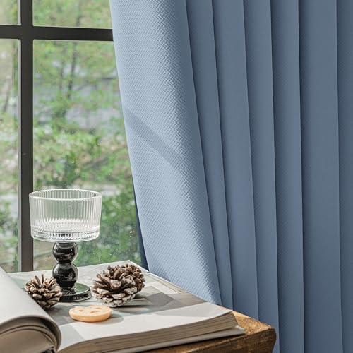 FMFUNCTEX 100% Blackout Slate Blue Curtains 96 Inches for Bedroom, 2 Panels