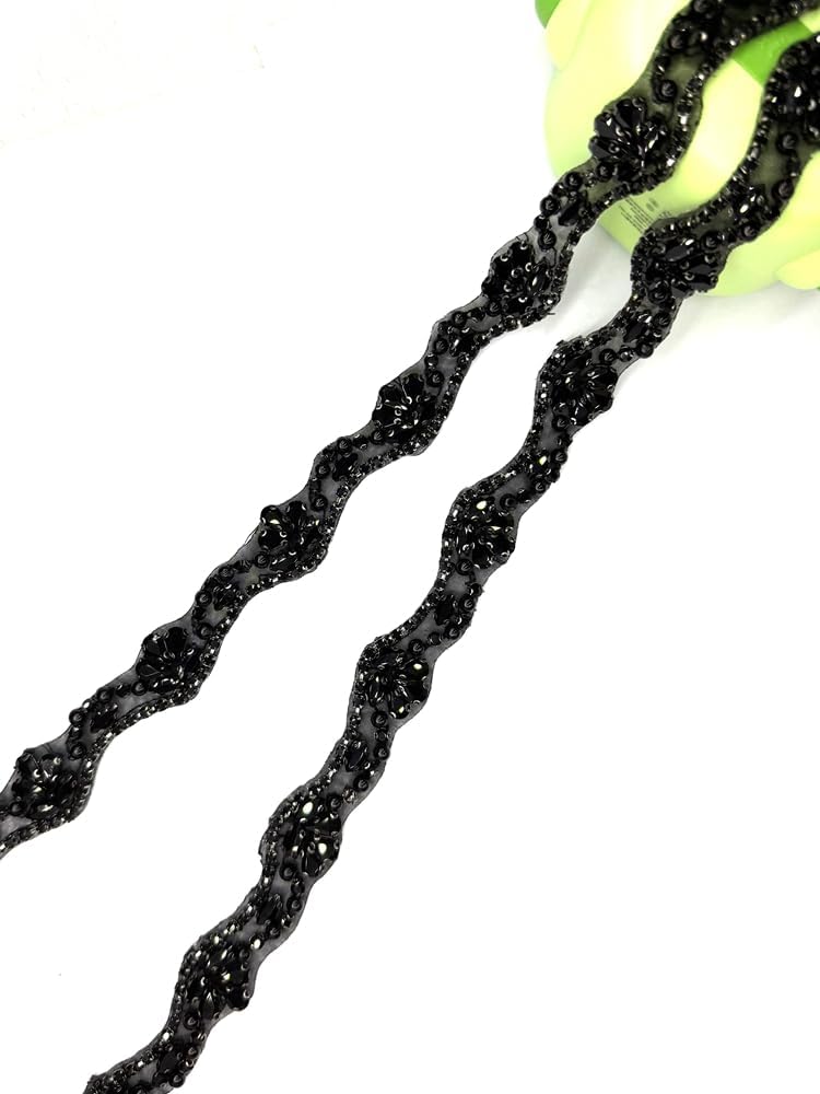 Iron on hotfix Black Beaded Trim,0.9 inch Wide 36 inch Lengh Rhinestones Chain,Rhinestone Trim by The Yard for Bridal Bell Hair wear Bag Shose Decoration Accessories (2503-BL)