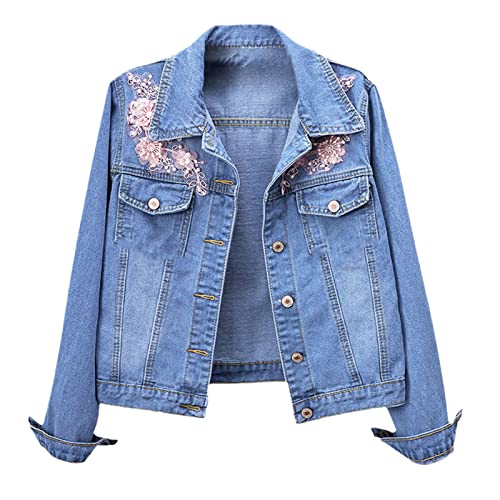 Kelsiop Spring Plum Flower Embroidered Cotton Collar Denim Jacket Women's Harajuku Loose Ripped Blue Denim Jacket