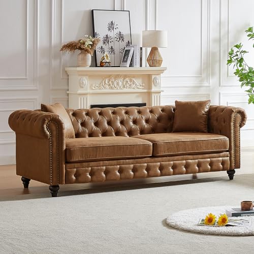 Image of Mid Century Modern Couch, 85.5 inchW Faux Leather Button Tufted Oversized Loveseat Sofa with Nailhead Trim & Roll Armrests, Deep Seat Comfy Chesterfield Sofa for Living Room, Office(3 Seater, Brown)