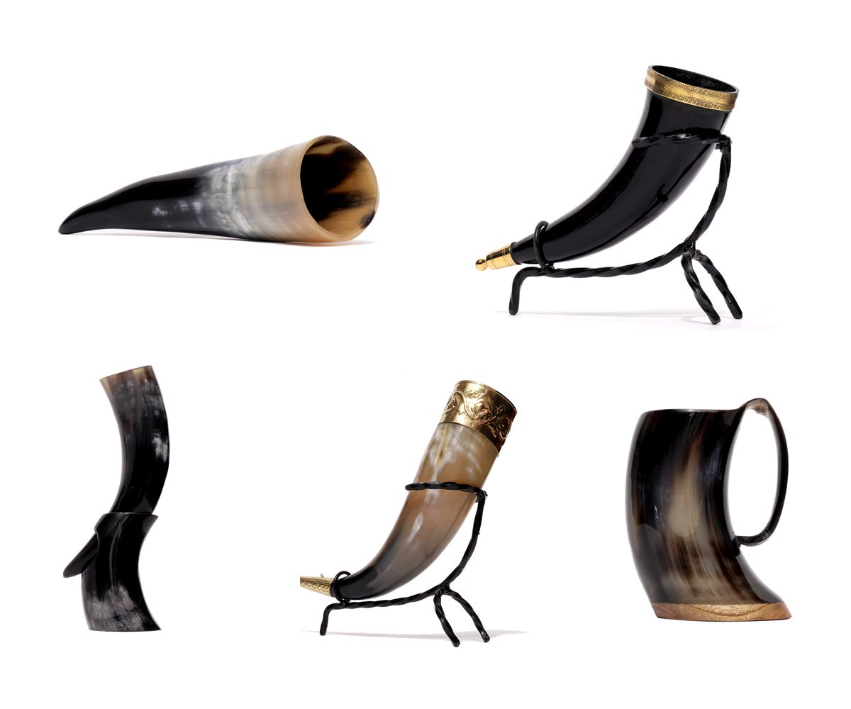 Tasse design en corne de vache véritable polie avec poignée - Verre viking - Chope à bière médiévale unique - 400 ml