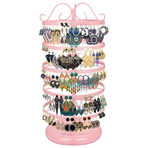 LASZOLA 5 Tiers 360° Rotating Earring Holder Organizer, 220 Holes Metal Necklace Bracelet Jewelry Display Rack Stand Tower - 14x6.3 Inch (Pink) Cover