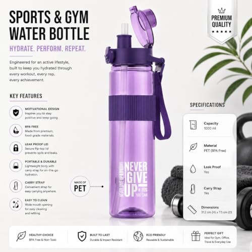 Image of Sports Water Bottle with Straw & Carry Strap | Leakproof BPA-Free Gym Bottle | Flip Lock Lid | MOTIVATIONAL NEVER GIVE UP BOTTLE | Office, School, Gym & Travel (Purple)