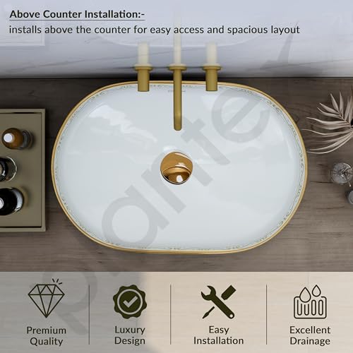 Image of Plantex Ceramic Wash Basin /Designer Hand Wash Sink for Bathroom /Oval Tabletop Washbasin /Countertop Vessel Sink for Home /Office (24x16x5 inch - Gold & White)