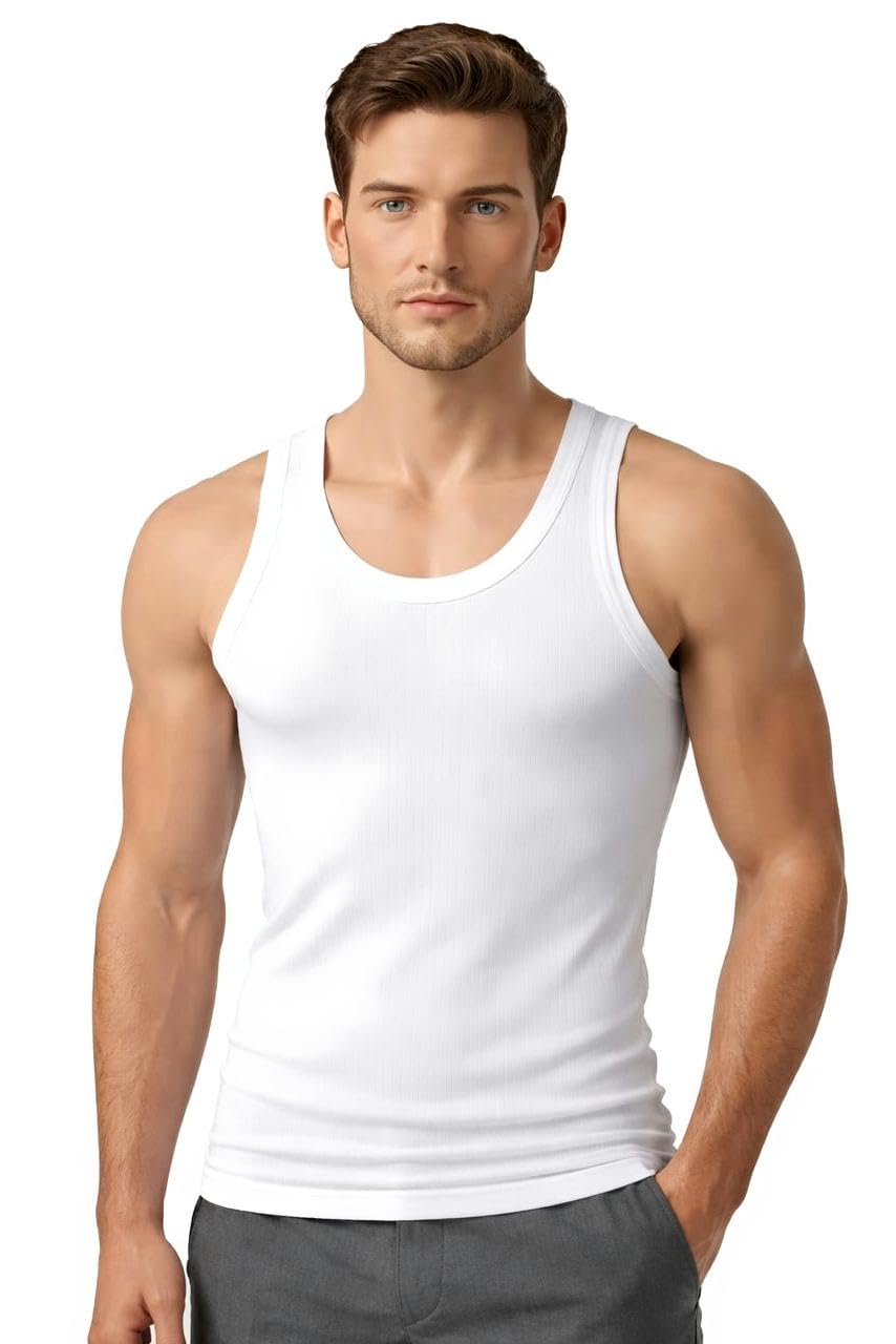 Men's White Cotton Sleeveless Vest, Classic Tank Top Undershirt-image-42
