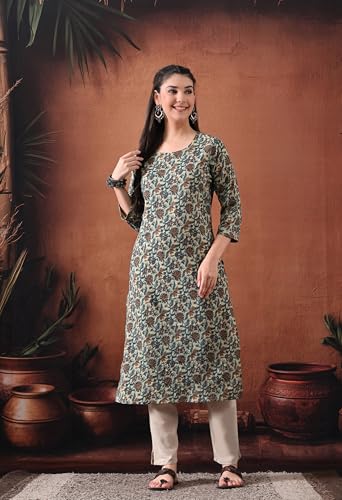 Image of Ichaa Women's Pure Cotton A-Line Katha-Work Ethnic Round-Neck Kurta with 3 /4th Sleeve for Daily and Office Wear, in Plus Sizes
