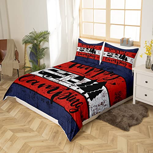 Happy Camping Duvet Cover Double Size 3 Pcs Retro Blue Red White Wooden Stripes Bedding Set for Kids Teens Adults Cartoon RV Trees Rustic Farmhouse Style Comforter Cover with 2 Pillowcases - Image 2