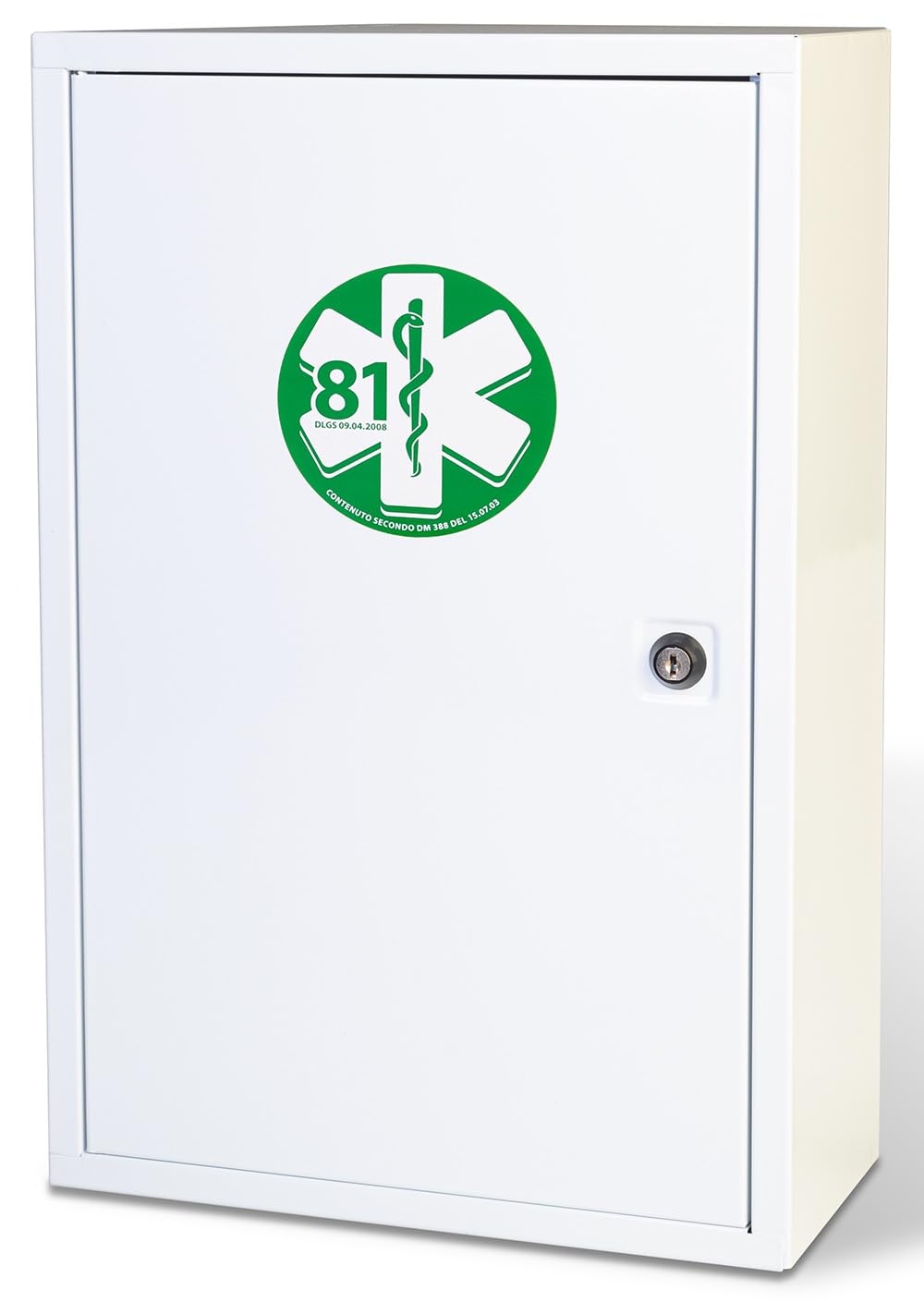 p age Armadietto di Pronto Soccorso in metallo bianco, 3 vani, 2 ripiani interni, serratura con chiave ALL. 1 DA 3 LAVORATORI 460x300x140 mm