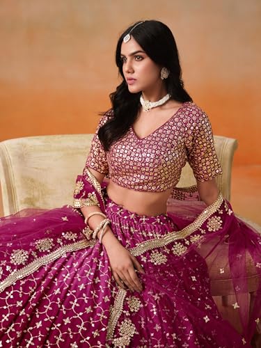 Image of Zeel Clothing Women Georgette Semi stitched Sequins Zari Embroidered Lehenga Choli With Dupatta (7086-Latest, Free size)