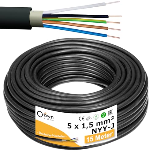 NYY-J 5x1,5mm² 15m Erdkabel Länge am Stück | Elektrokabel Ring für Verlegung im Erdreich & Außenbereich | Kupfer Eindrähtig DIN VDE 0276 Teil 603/627 | Deutsche Markenhersteller
