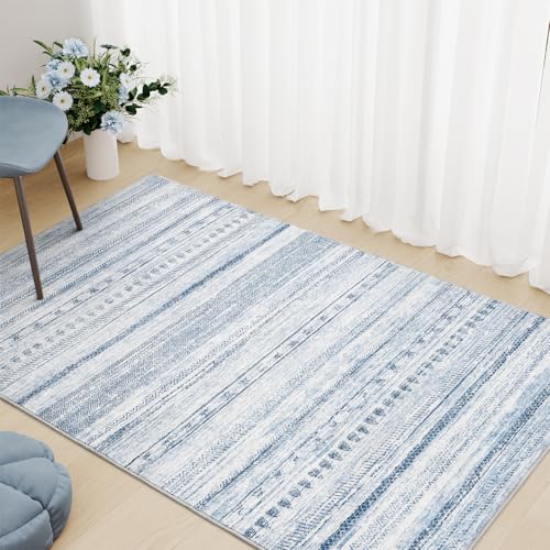3x5 Area Rug Machine Washable Non Slip Rug Distressed Neutral Moroccan Boho Rug Ultra Soft Indoor Rugs for Bedroom Living Room Entryway Kitchen Foyer Bedside, Blue