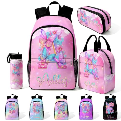 Image of Custom Kids Backpack for Girls Toddler Backpacks Back to School Bookbag Set | Kid Personalized Backpack with Lunch Bag Girl Kindergarten Elementary Preschool Daypack Birthday Gifts Flower Butterfly Pink