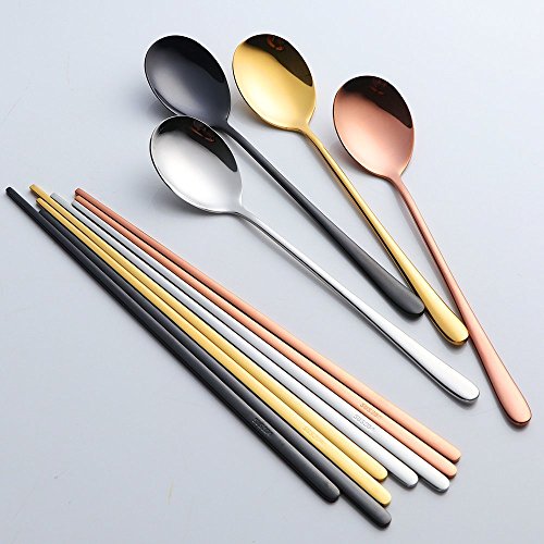 image for Buyer Star 4 Set Chopsticks Spoon Set, 4 Color Reusable Metal Stainles