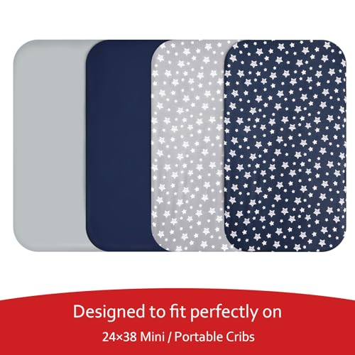 Image of Mini Portable Crib Sheets for Boys (38 inch X 24 inch) 4 Pack, Compatible with Dream on Me, Delta Porta Crib and Arms Reach Ideal Cosleeper