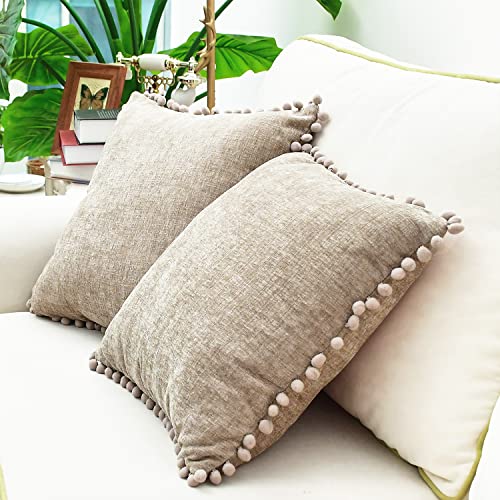 CaliTime Pillow Cases Pack of 2 Cozy Solid Dyed Soft Chenille Cushion Covers with Pom Poms for Couch Sofa Home Decoration 55cm x 55cm Taupe - Image 4