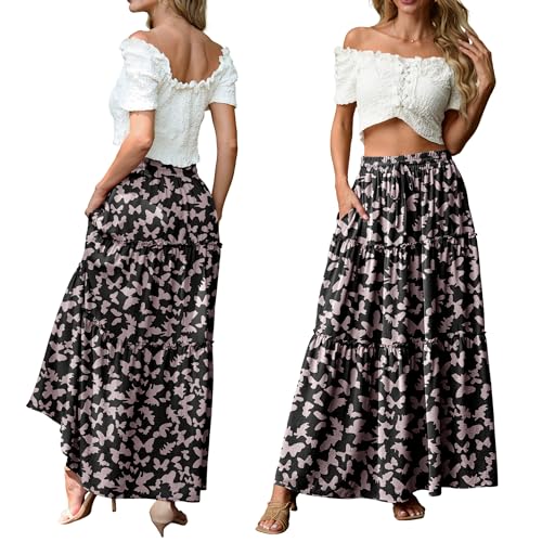 Image of Lepunuo Womens Casual Boho High Waisted Flowy Maxi Skirts Tiered Floral Long Skirts with Pockets for Summer Beach Vacation