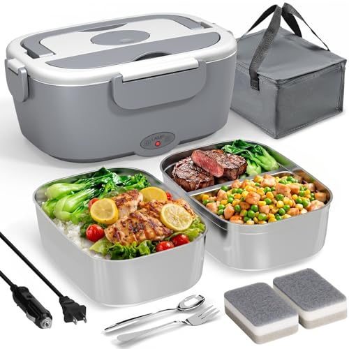 Sitlais Electric Lunch Box for Adults 80W Fast Heating, 1.5L Portable Food Warmer with 2 Stainless Steel Containers, 12V/24V/110V Heated Lunch Box for Car, Truck, Office, Travel, Leak-Proof Design