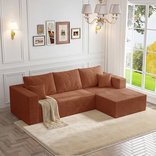 Image of 108 inch Modular Sectional Sofa, L-Shaped Cloud Couch with Deep Seats & Chaise,Convertible 4-in-1 Corduroy Boneless Couches for Living Room,Bedroom,No Need Assembly - Brown(Right Facing Chaise)