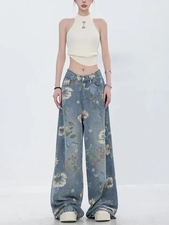 Unisex Flower Print Baggy Jeans Vintage Cowboy Harajuku Wide Leg Trashy Grunge Y2k Hip Hop Loose Fit Streetwear2