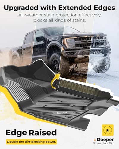 Image of 3W Floor Mats (with Metal Pedals) for Ford F-150 2015-2026 & F150 Lightning 2022-2025 SuperCrew (w /o Fold Flat Storage), TPE All Weather Custom Fit, Front & Rear 3PCS | Heavy Duty, Easy Clean - Black