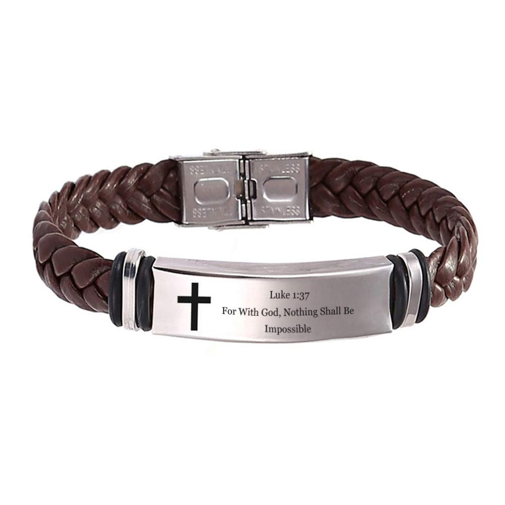 LiFashion Personalized Bible Verse Bracelet for Men Boys,Stainless Steel Braided Leather Cross Scripture Quote Cuff Bracelets Baptism Christian Jewelry for Husband,Boyfriend,Dad,Son,Nephew Gift