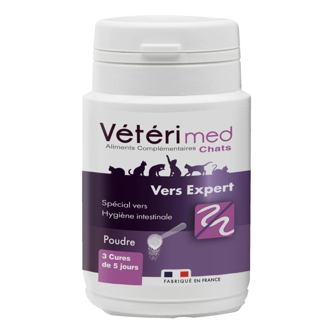 Desparasitante para Gatos Vétérimed, Higiene intestinal y Bienestar General, Fabricado en Francia, Polvo Natural
