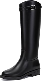 Athlefit Women's Knee High Riding Boots Round Toe Low Heel Tall Boots Pull On Long Booties with Buckle